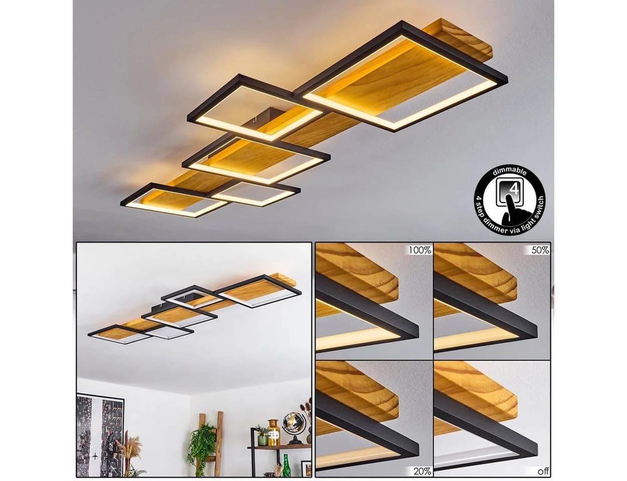 hofstein Deckenleuchte Palermo Dimmbar LED Schwarz/Natur - Bild 2
