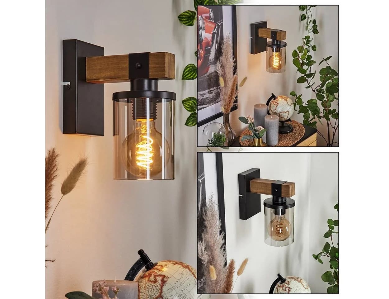 hofstein Wandleuchte Ramera Holz Metall Glas Schwarz Braun