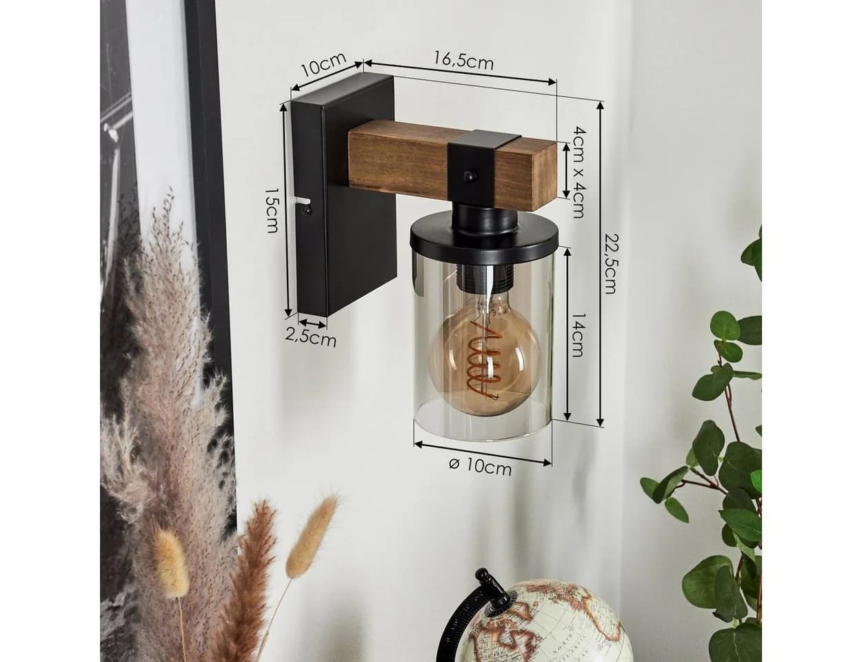 hofstein Wandleuchte Ramera Holz Metall Glas Schwarz Braun - Bild 5