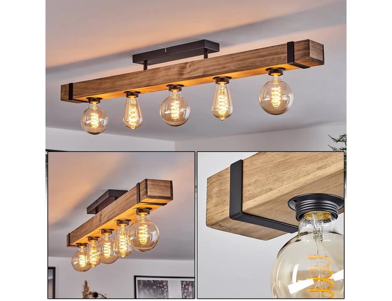 hofstein Deckenleuchte »Bollengo« Schwarz/Natur Holz/Metall 5-flammig