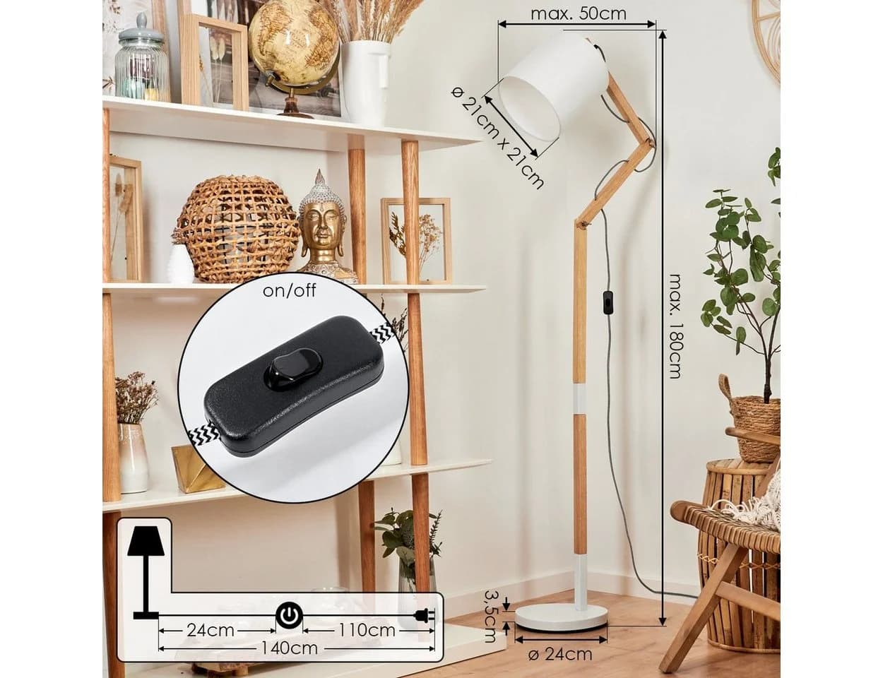 hofstein Stehlampe Weiß Skandinavisch Metall/Stoff/Holz - Bild 5