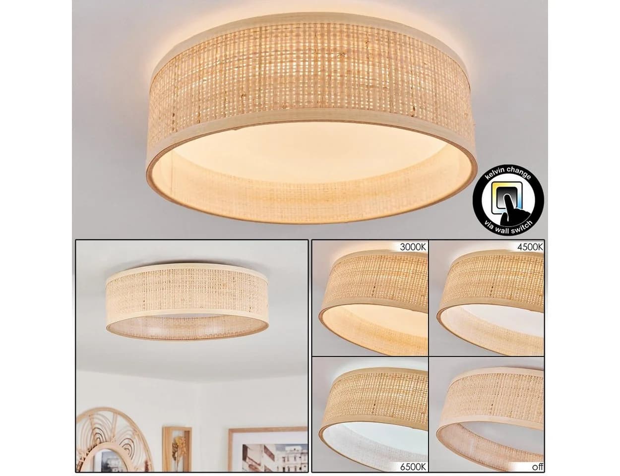 hofstein Deckenleuchte LED dimmbar Weiß/Natur IP44 - Bild 1