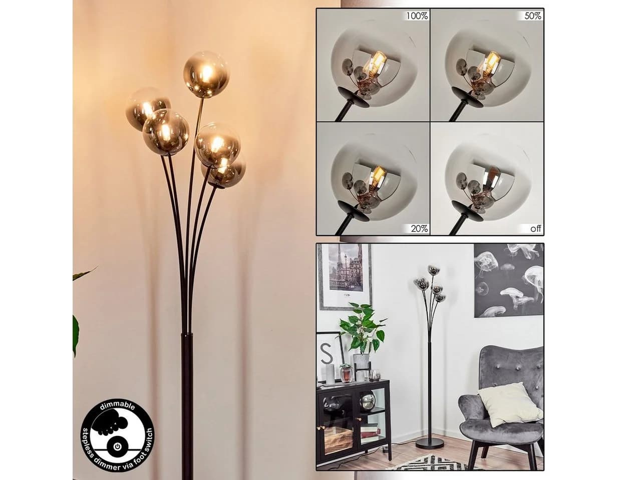 hofstein Stehlampe dimmbar Metall Glas Schwarz