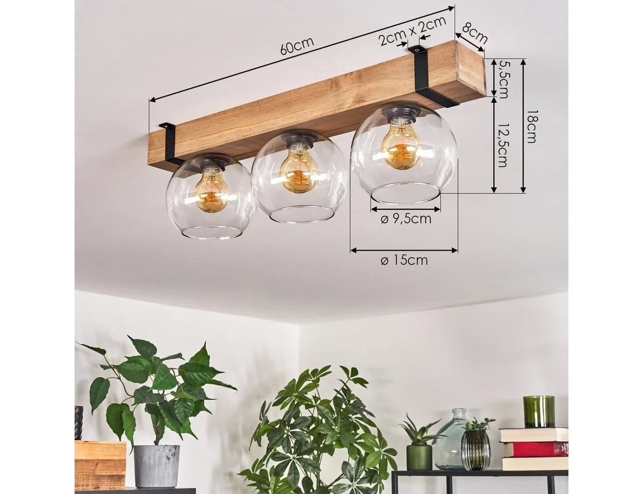 hofstein Deckenleuchte Metall/Holz/Glas Schwarz/Natur Klar 3x E27 - Bild 5