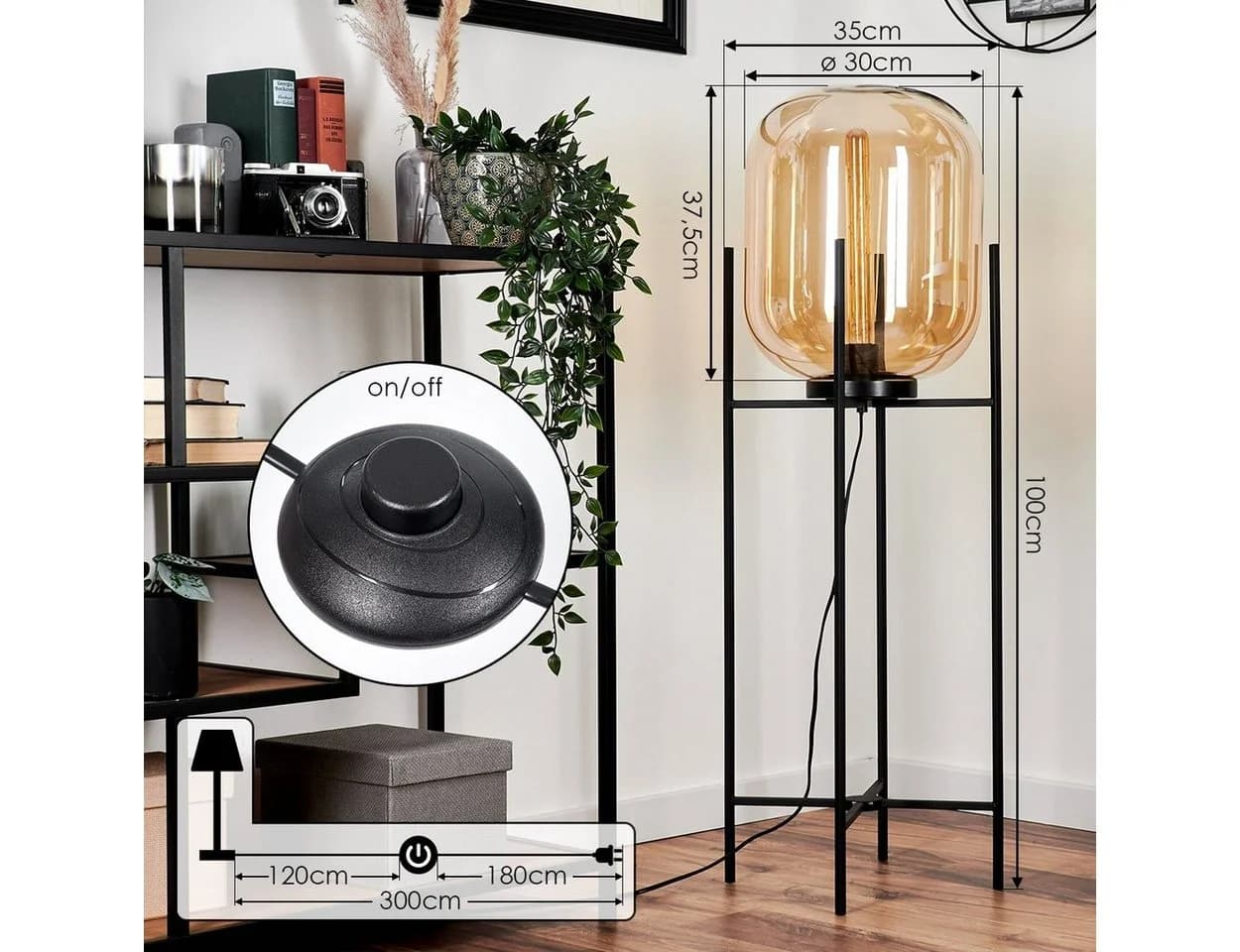 hofstein Stehlampe Schwarz Bernsteinfarben Metall Glas - Bild 5