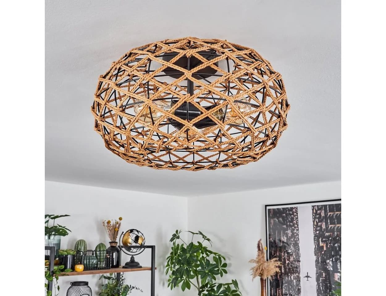 hofstein Deckenleuchte Holz Rattan Metall Schwarz Natur Modern - Bild 3