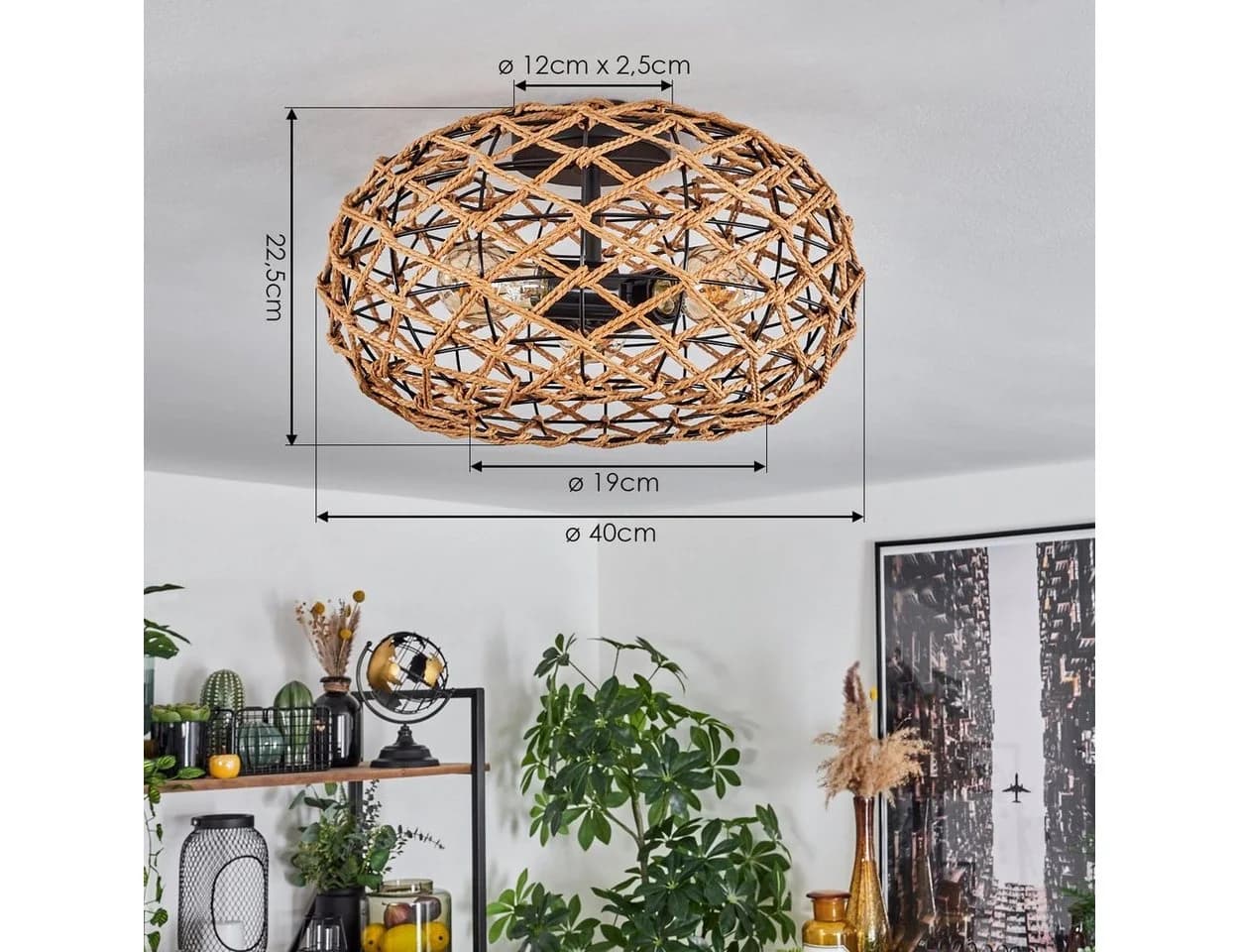 hofstein Deckenleuchte Holz Rattan Metall Schwarz Natur Modern - Bild 5