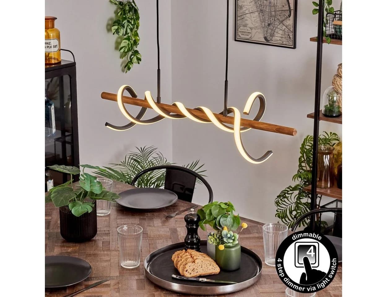hofstein Pendelleuchte dimmbare Hängelampe aus Metall/Holz/Kunststoff in Schwarz/Weiß, LED fest integriert, 3000 Kelvin, LED 38 Watt, 5200 Lumen, dimmbar über Lichtschalter - Bild 2