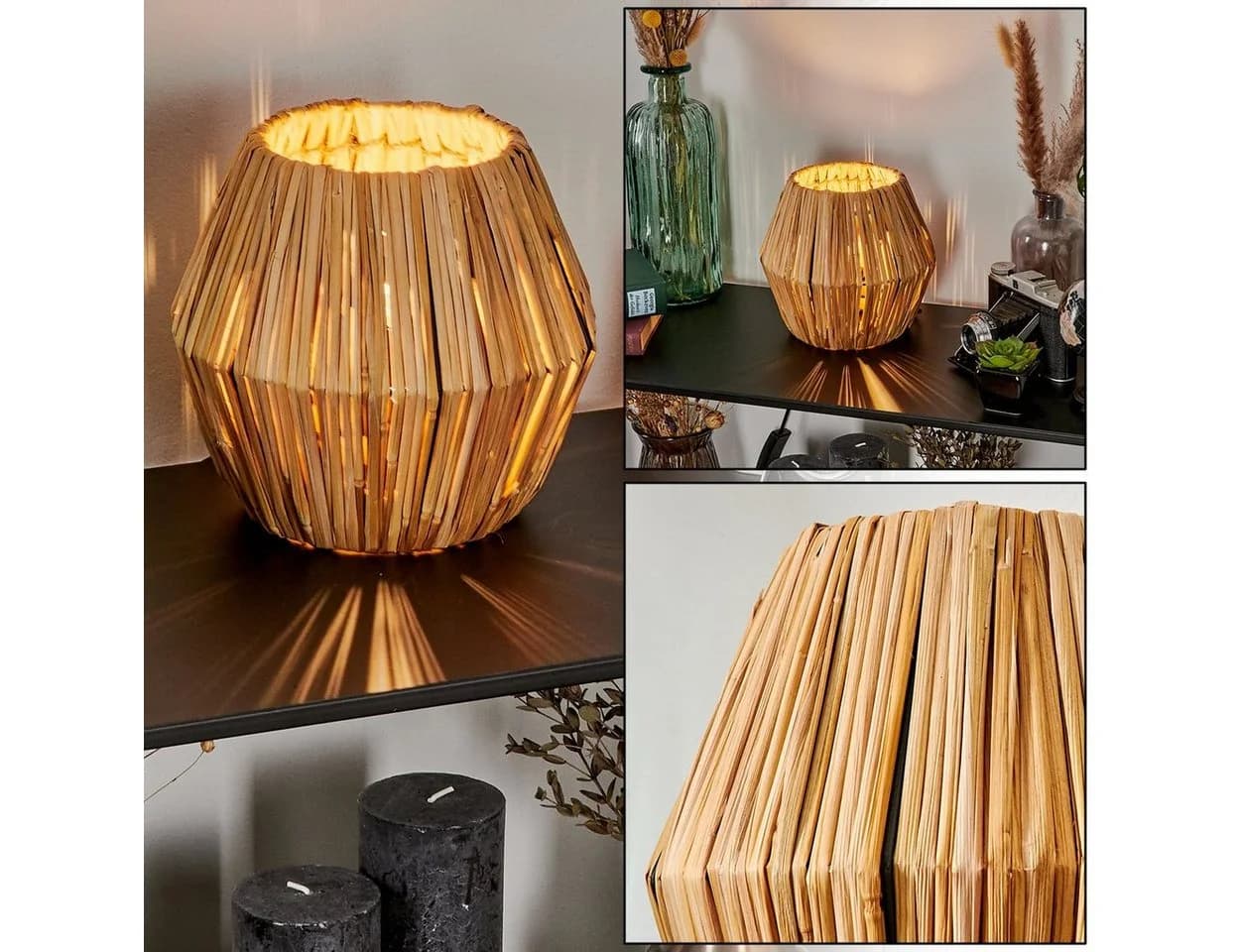 hofstein Tischleuchte Boho Metall/Rattan Schwarz/Natur E14 - Bild 2