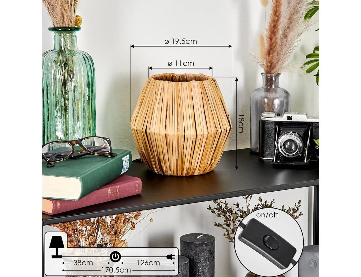 hofstein Tischleuchte Boho Metall/Rattan Schwarz/Natur E14 - Bild 4