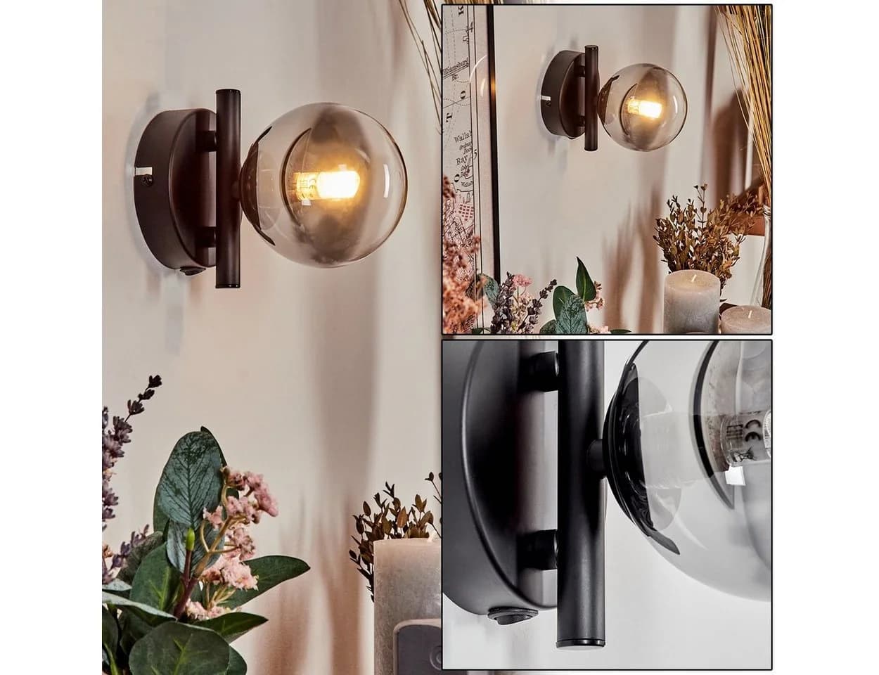 hofstein Wandleuchte Metall/Glas Schwarz/Rauchfarben Retro-Design
