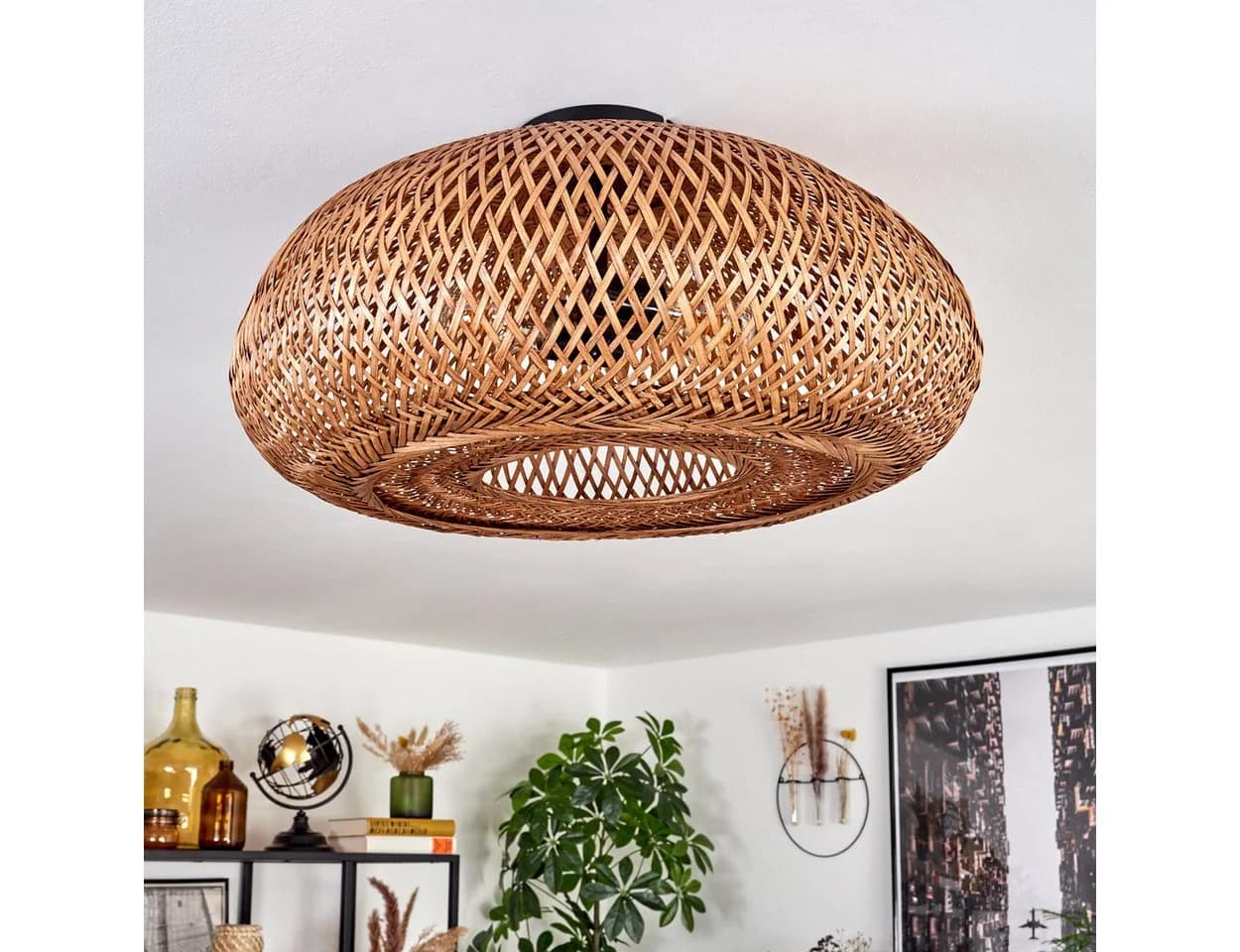 hofstein Deckenleuchte Boho-Design Metall/Bambus/Holz Schwarz/Natur