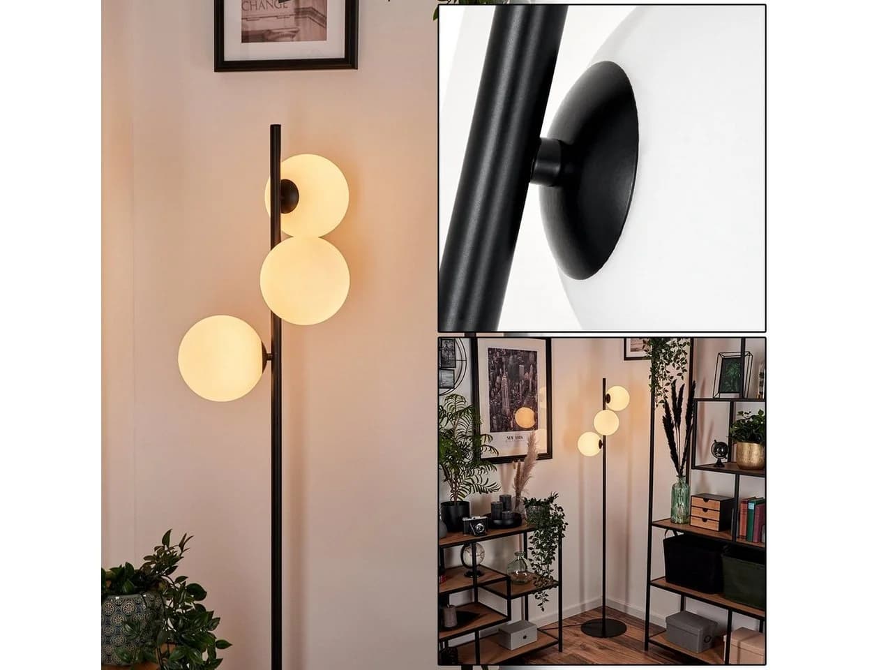 hofstein Stehlampe Schwarz/Weiß Metall/Glas 3xG9 Fußschalter