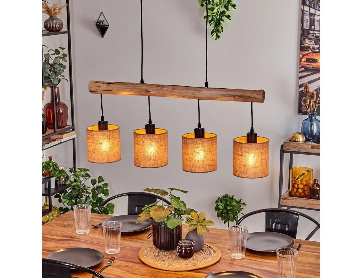 hofstein Pendelleuchte Moderne Hängelampe Holz Metall Leinen Natur Schwarz Beige