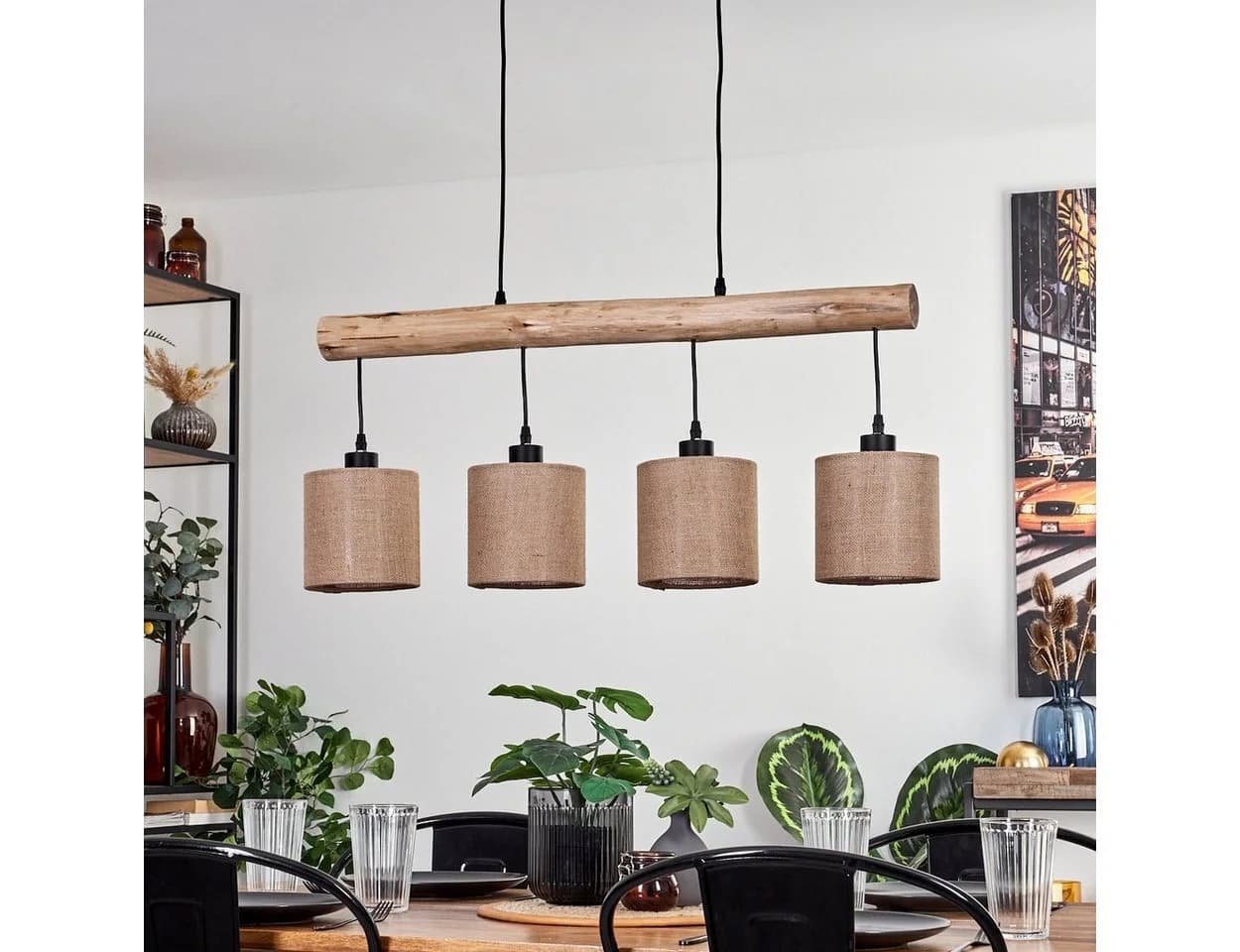 hofstein Pendelleuchte Moderne Hängelampe Holz Metall Leinen Natur Schwarz Beige - Bild 3