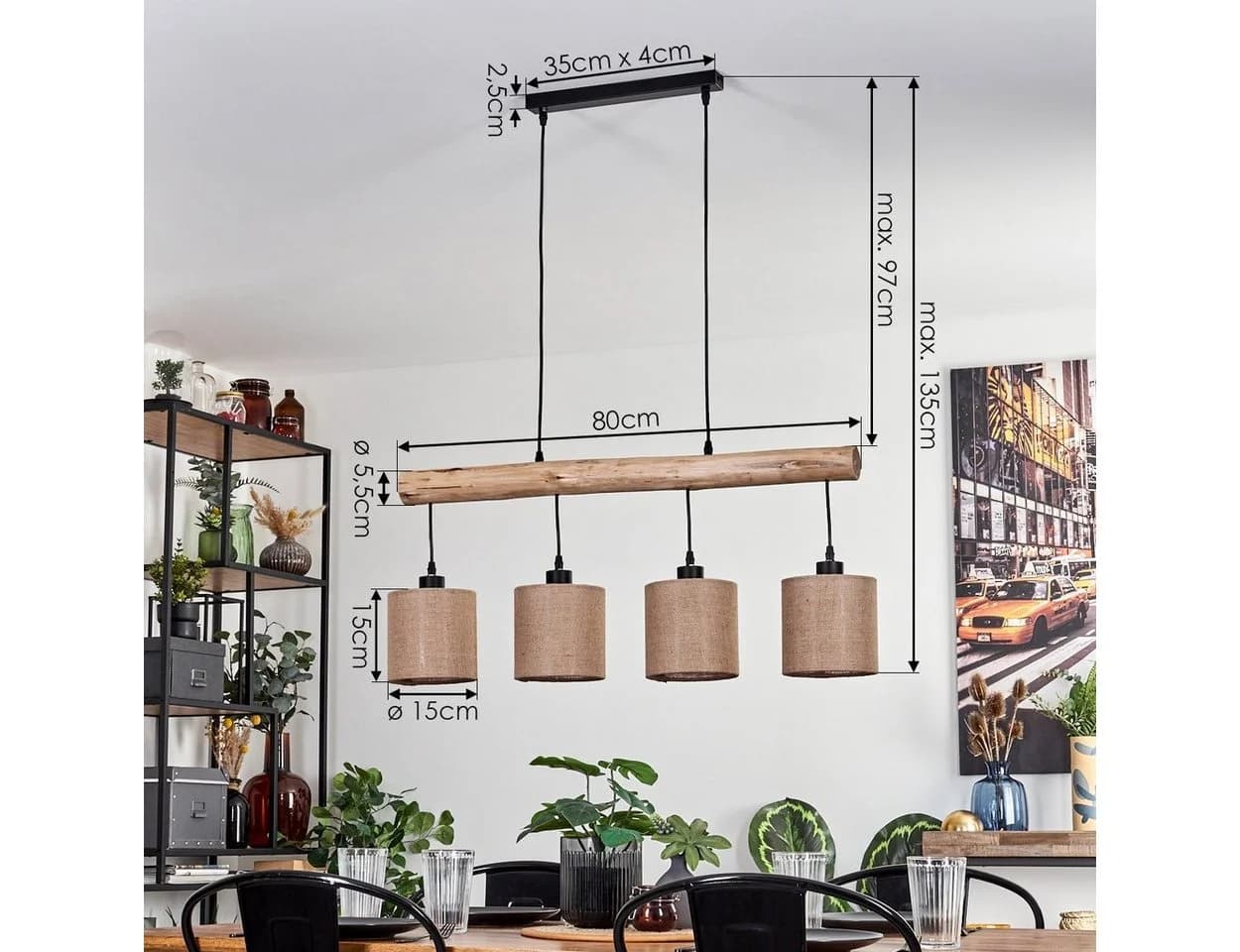hofstein Pendelleuchte Moderne Hängelampe Holz Metall Leinen Natur Schwarz Beige - Bild 5