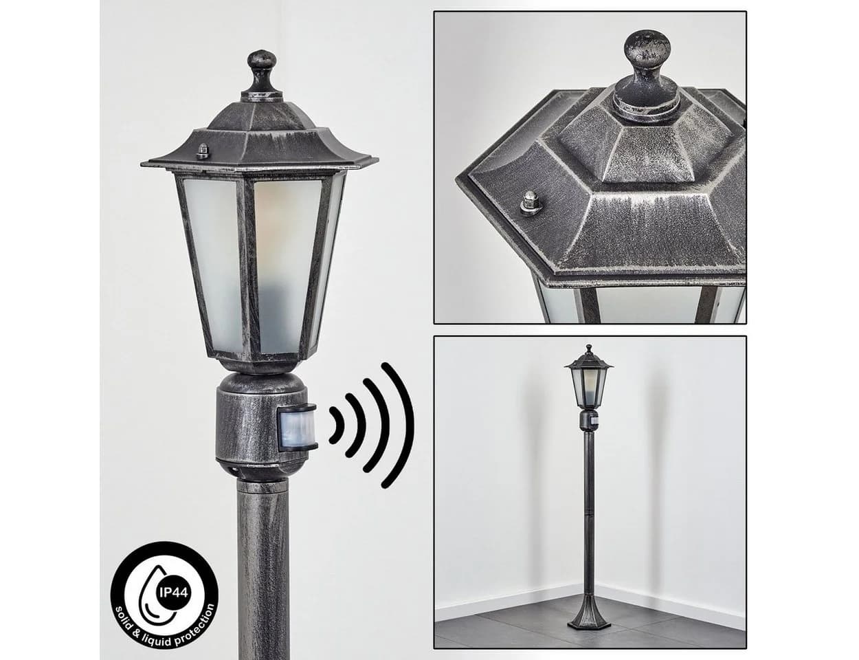 hofstein Pollerleuchte mit Bewegungsmelder Schwarz-Silber E27