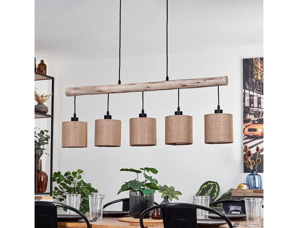 hofstein Pendelleuchte Modern Skandinavisch Holz Metall Leinen 5x E27 - Bild 3