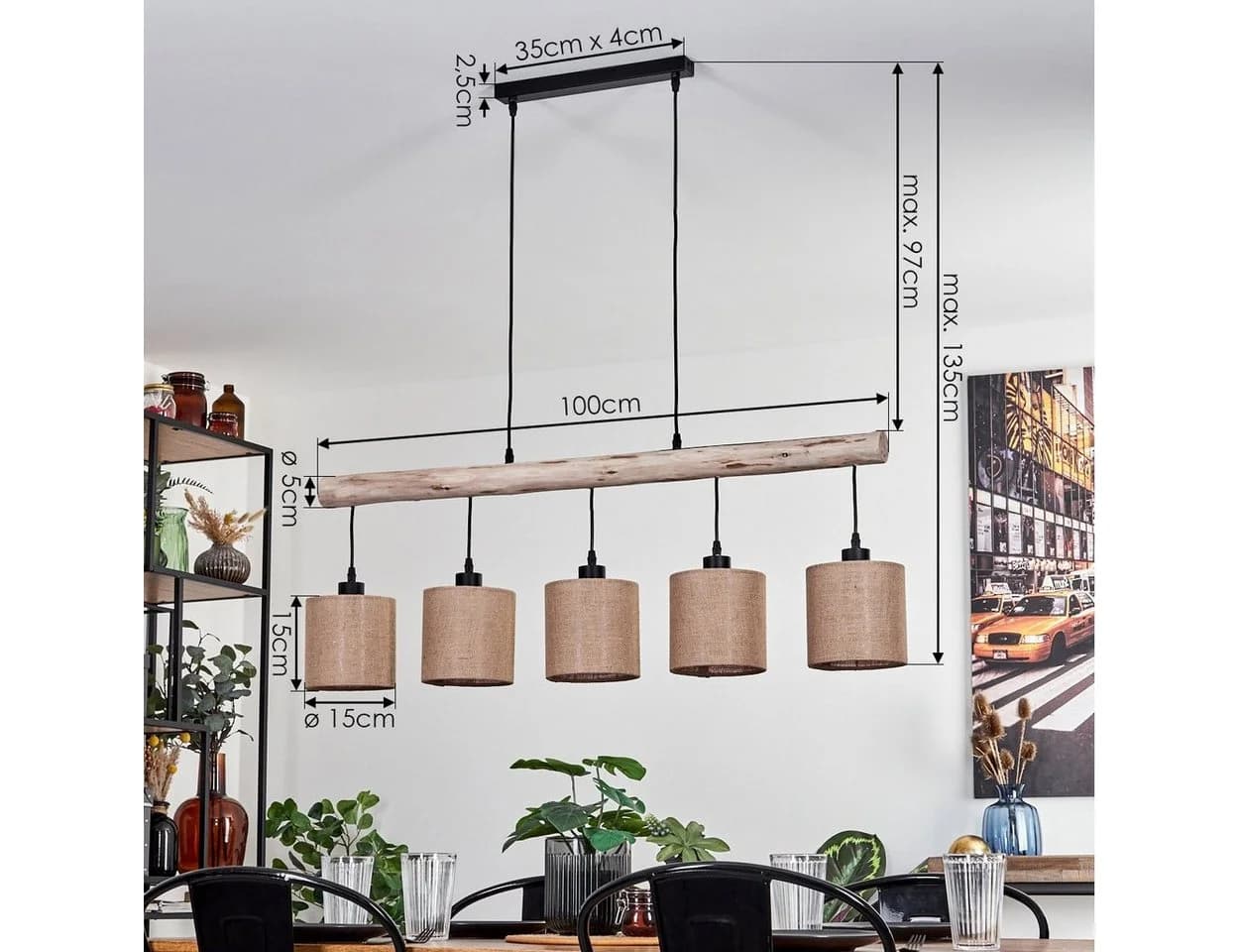 hofstein Pendelleuchte Modern Skandinavisch Holz Metall Leinen 5x E27 - Bild 5