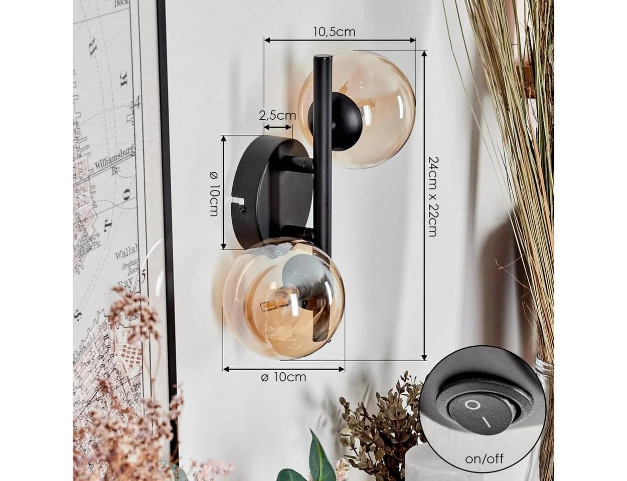 hofstein Wandleuchte Wandlampe aus Metall/Glas in Schwarz/Bernsteinfarben - Bild 5
