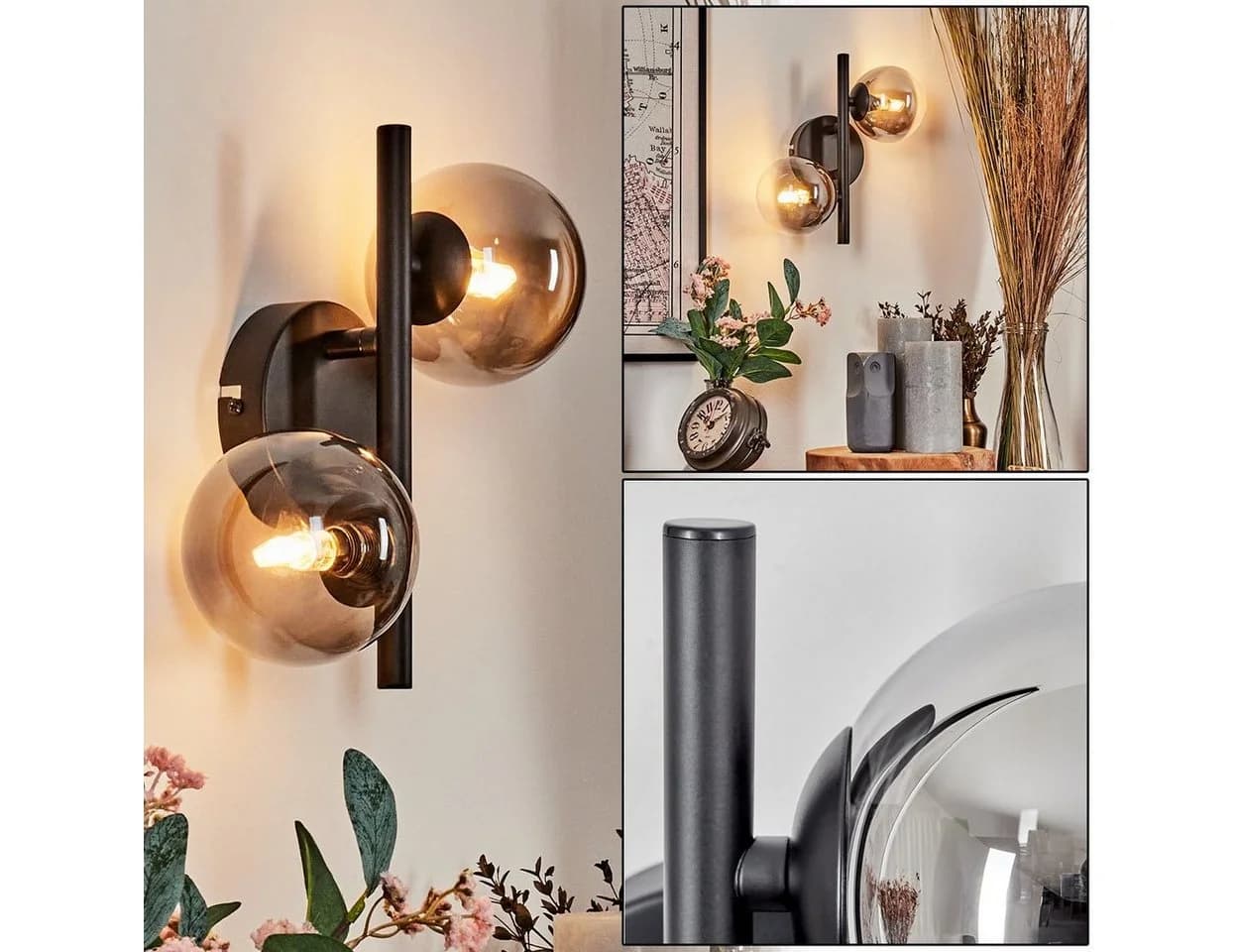hofstein Wandleuchte Wandlampe aus Metall/Glas in Schwarz/Rauchfarben/Klar, ohne Leuchtmittel, mit Glasschirmen (10 cm) u. An-/Auschalter, 2x G9, ohne Leuchtmittel