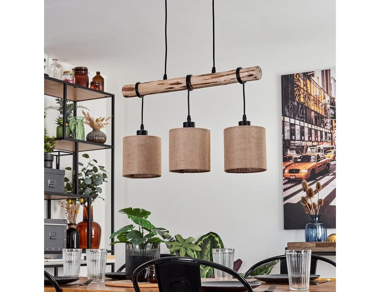 hofstein Pendelleuchte Moderne Hängelampe Holz Metall Leinen Natur Schwarz Beige