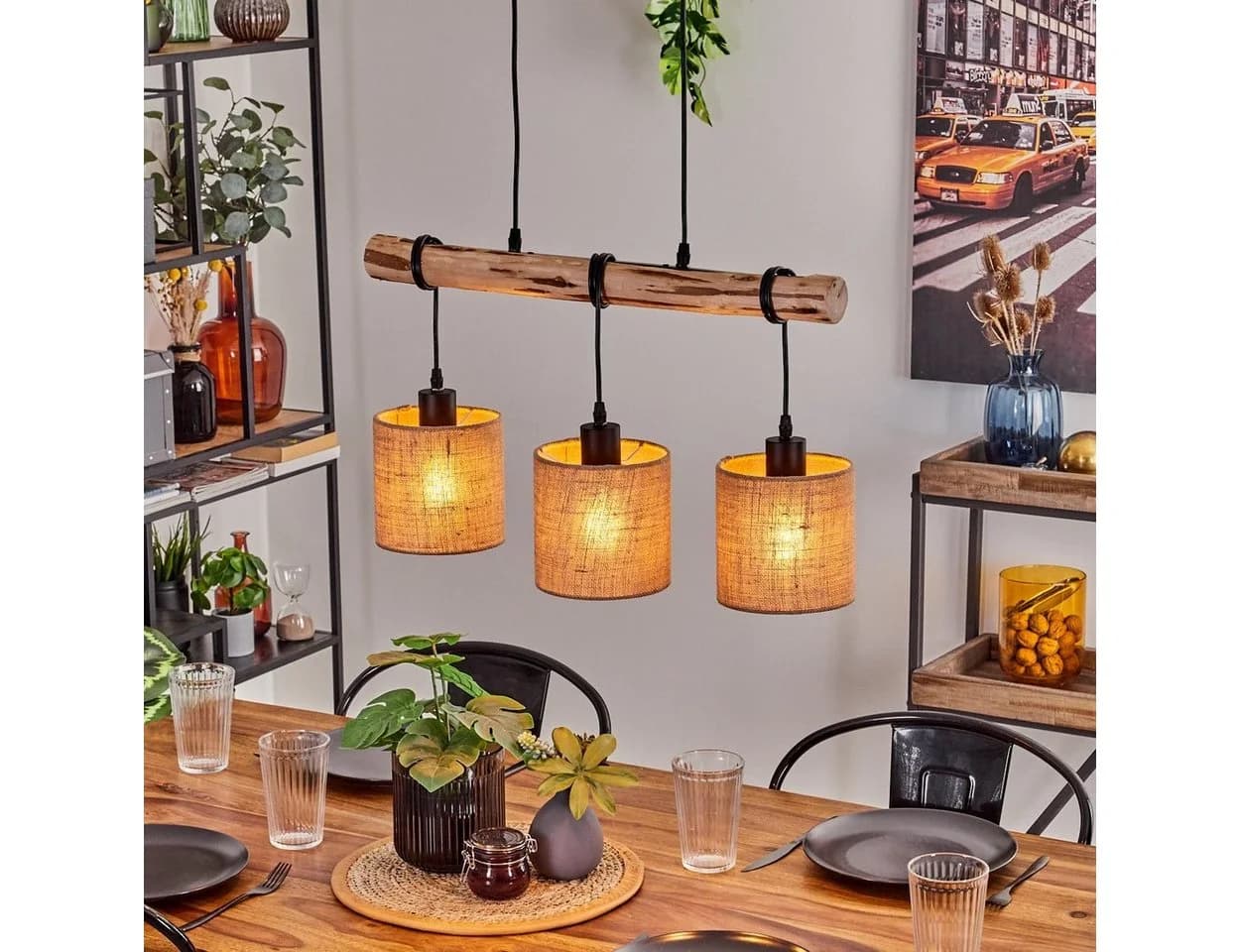 hofstein Pendelleuchte Moderne Hängelampe Holz Metall Leinen Natur Schwarz Beige - Bild 2