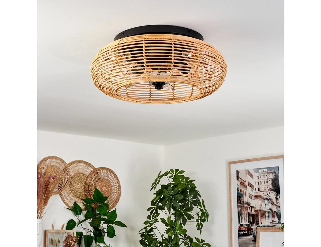 hofstein Deckenventilator mit Beleuchtung Metall/Bambus Schwarz