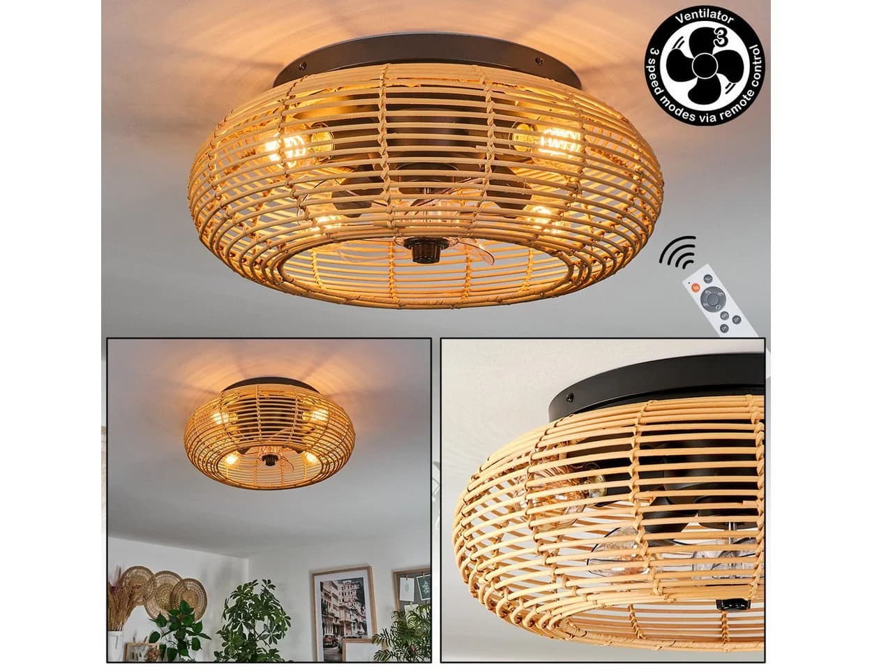 hofstein Deckenventilator mit Beleuchtung Metall/Bambus Schwarz - Bild 2