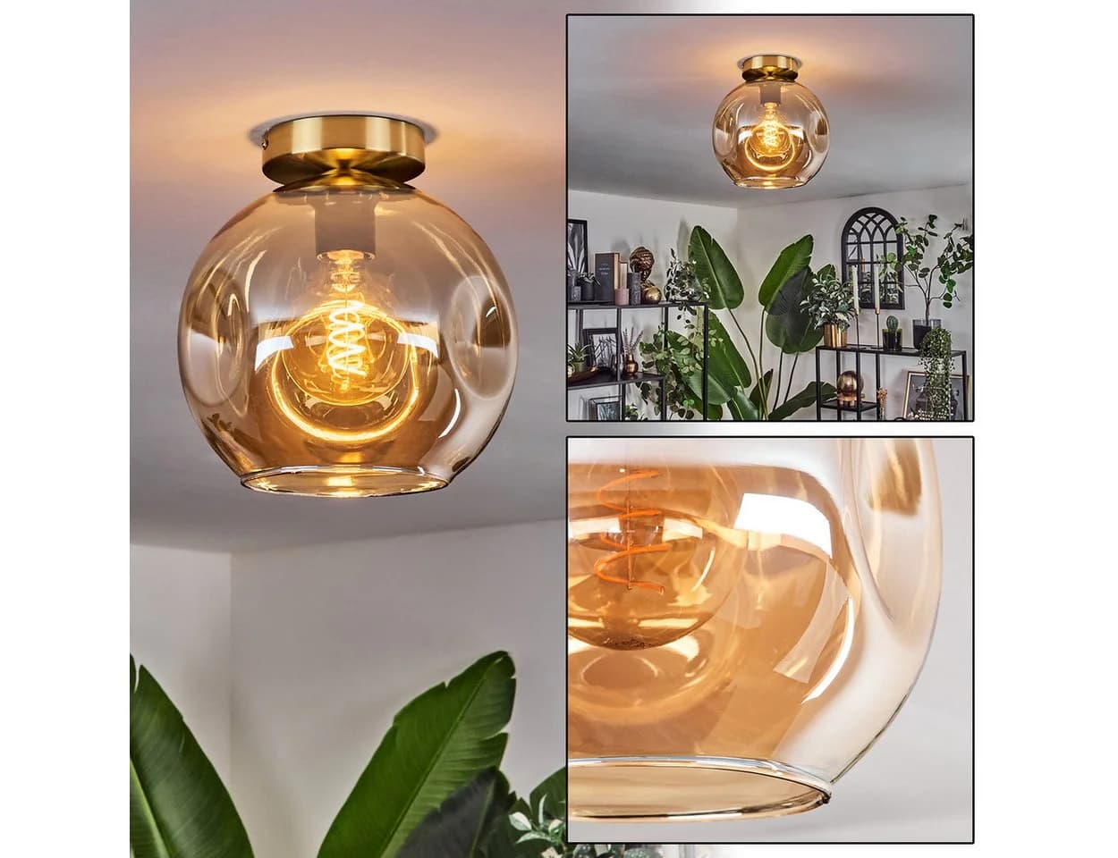 hofstein Deckenleuchte Metall/Glas Schwarz/Gold Bernsteinschirm E27