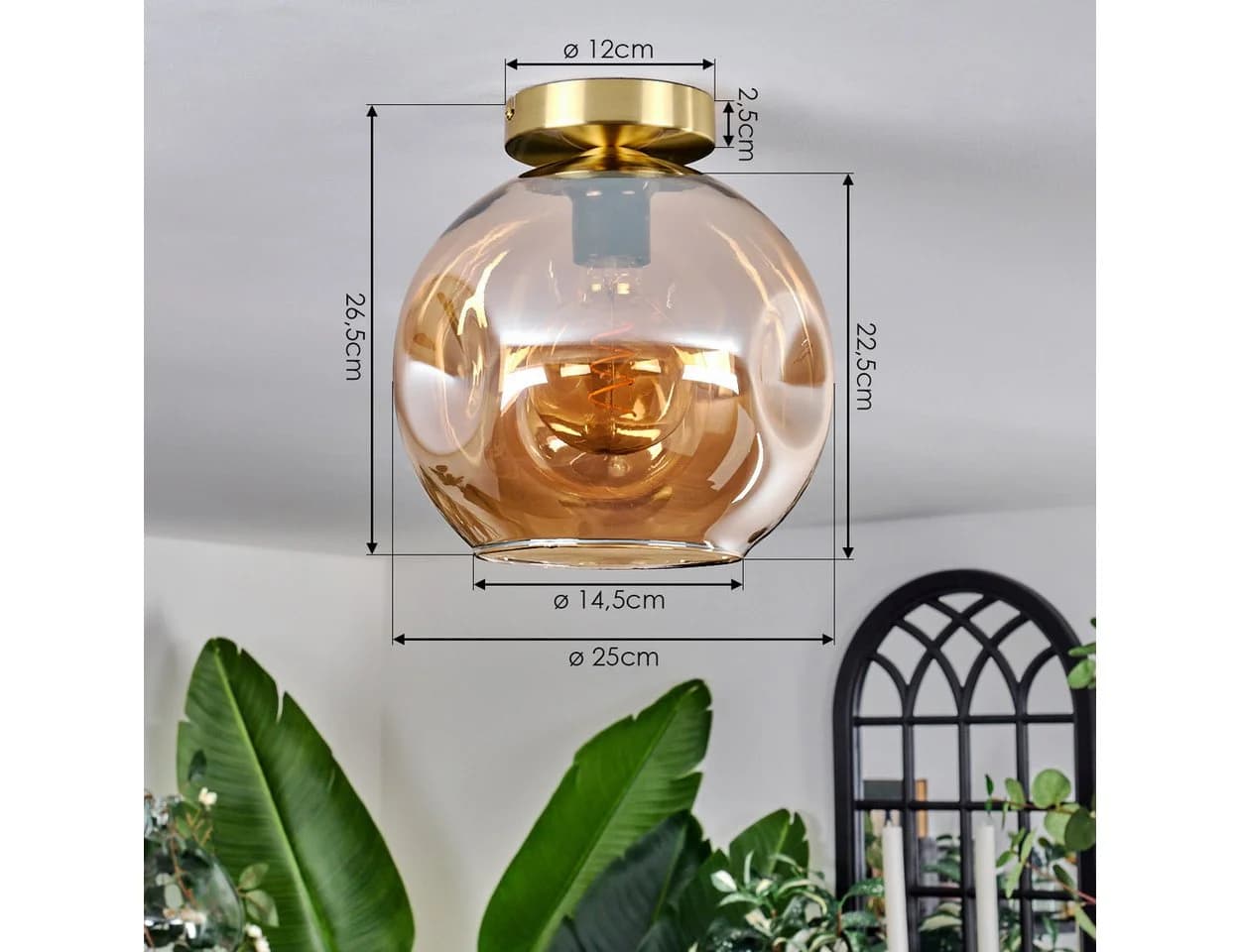 hofstein Deckenleuchte Metall/Glas Schwarz/Gold Bernsteinschirm E27 - Bild 5