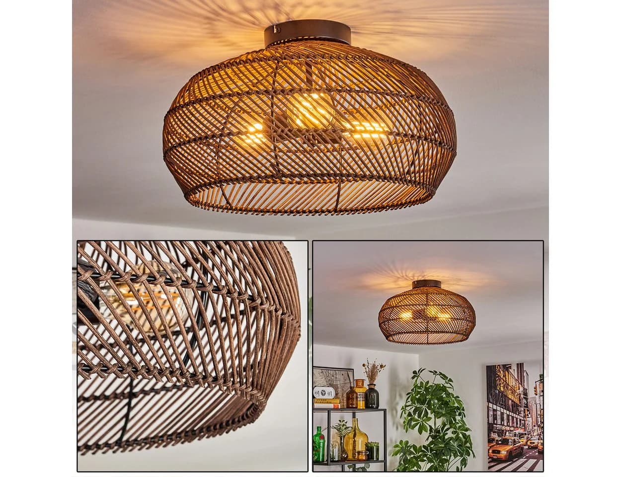 hofstein Deckenleuchte Boho-Design Metall/Rattan Schwarz/Dunkelbraun