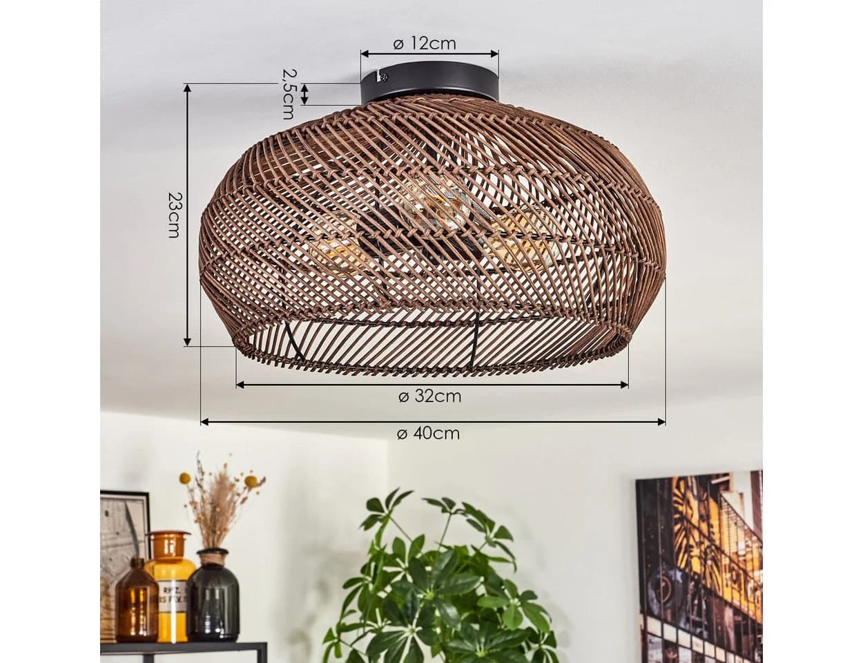 hofstein Deckenleuchte Boho-Design Metall/Rattan Schwarz/Dunkelbraun - Bild 5