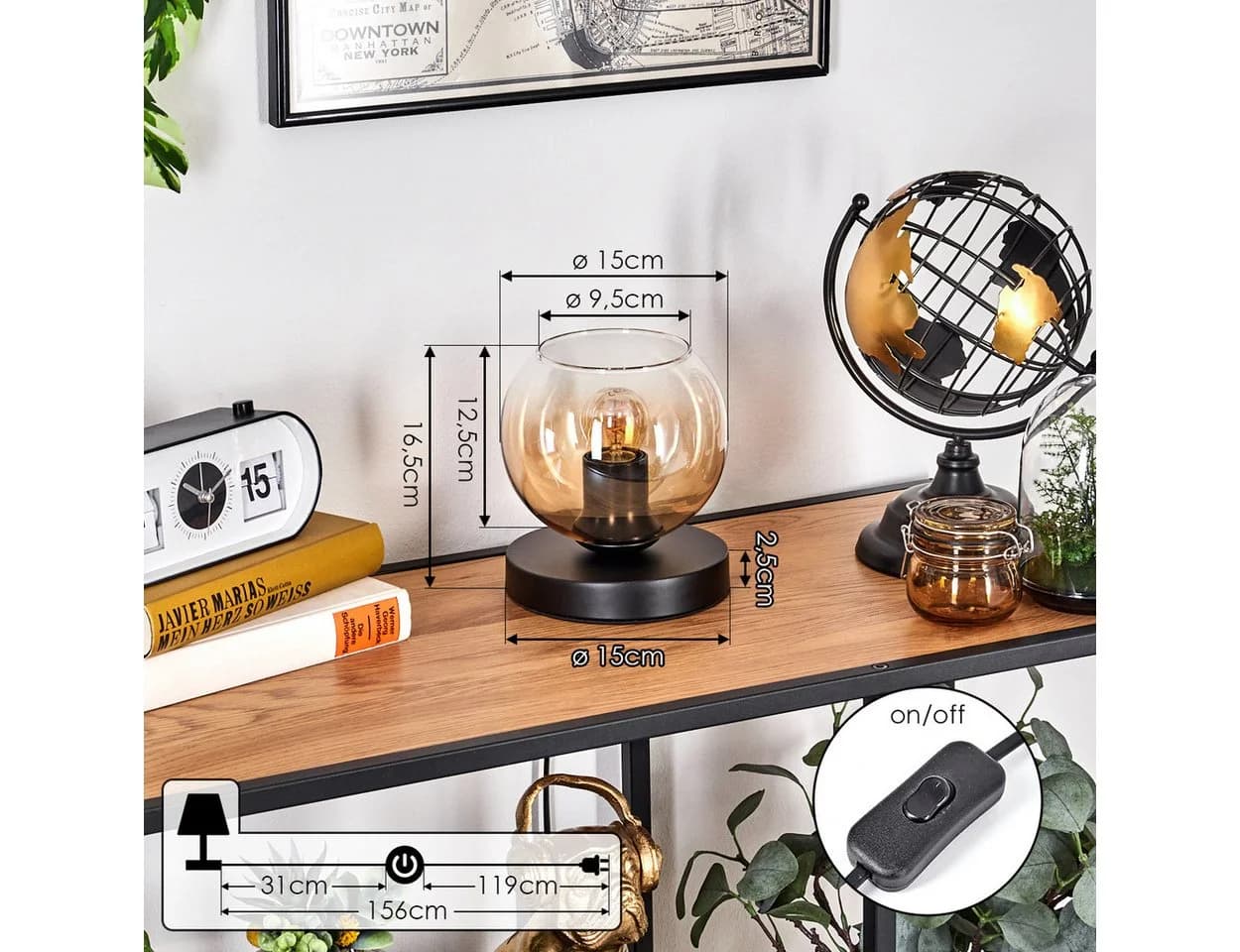 hofstein Tischleuchte Schwarz/Glas E27 mit Schalter - Bild 4
