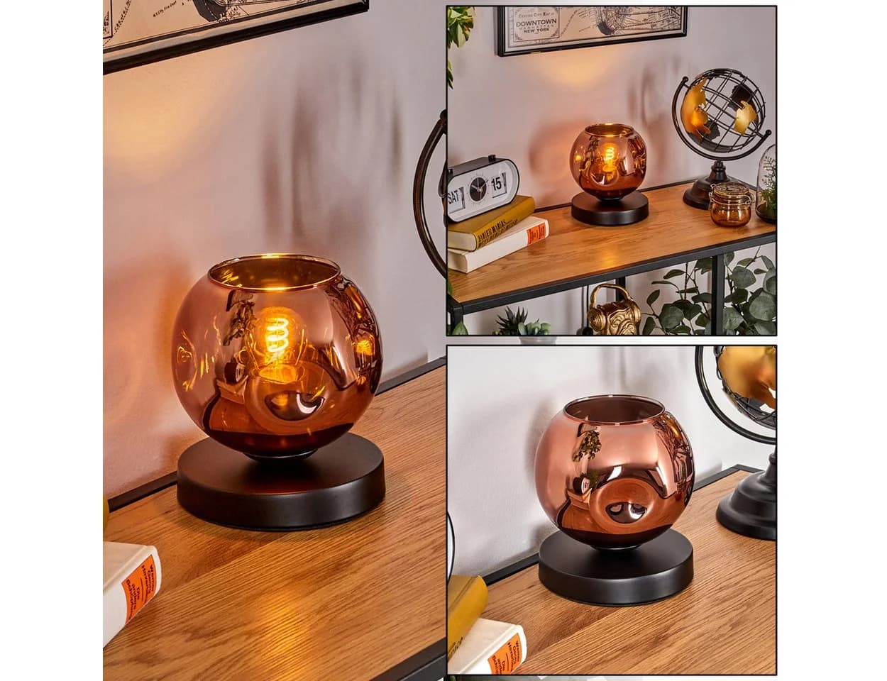 hofstein Tischleuchte Metall/Glas Schwarz/Kupfer E27 - Bild 2