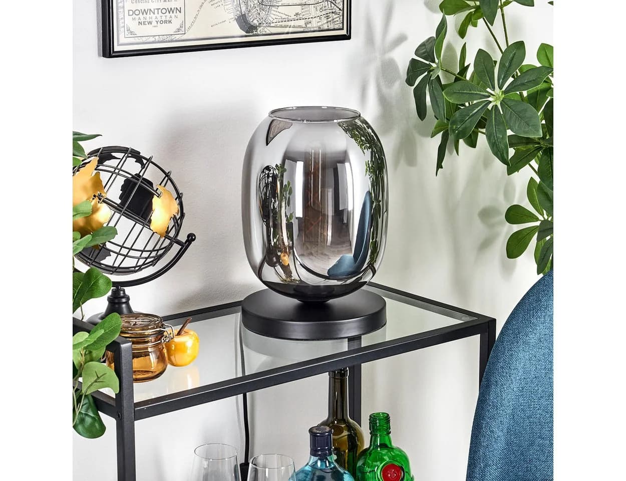 hofstein Tischleuchte Tischlampe aus Metall/Glas in Schwarz/Rauchfarben mit Glasschirm 20cm
