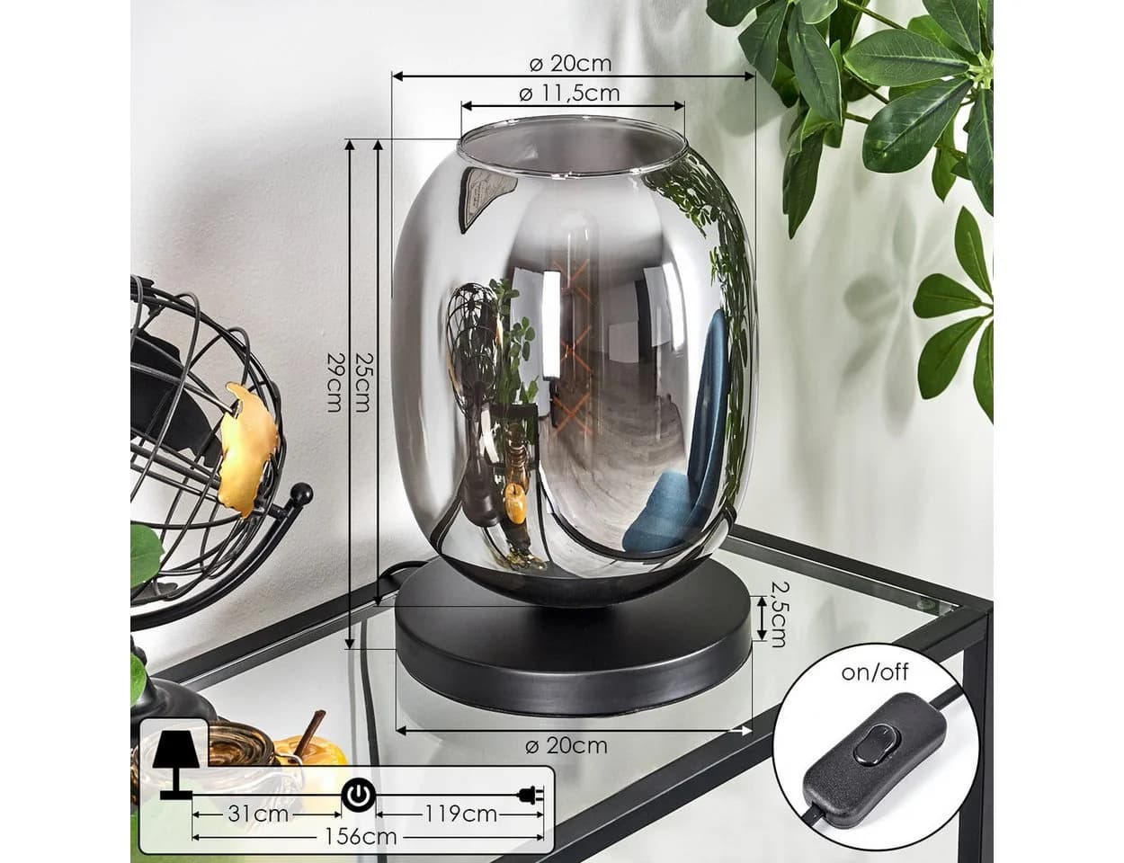 hofstein Tischleuchte Tischlampe aus Metall/Glas in Schwarz/Rauchfarben mit Glasschirm 20cm - Bild 4