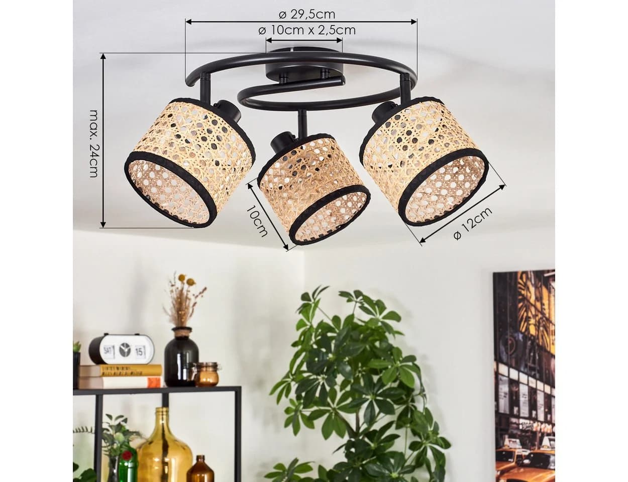 hofstein Deckenleuchte Modern Schwarz Rattan 3x E14 Verstellbar - Bild 5