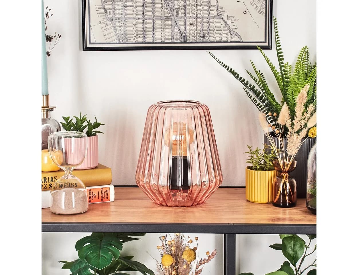 hofstein Tischleuchte Tischlampe aus Metall/Glas in Schwarz/Rosa, ohne Leuchtmittel, Glasschirm (17cm), An-/Ausschalter am Kabel, 1x E27, ohne Leuchtmittel