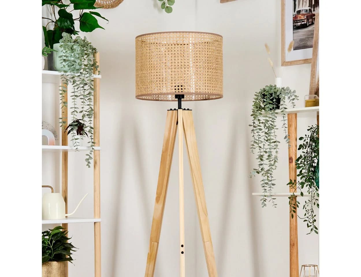 hofstein Stehlampe Holz Rattan Naturfarben E27
