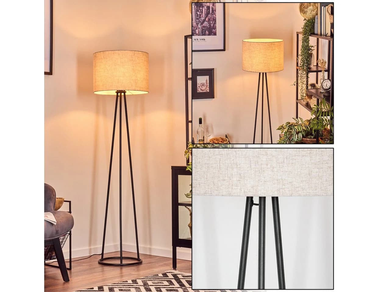 hofstein Stehlampe Schwarz/Beige Metall/Stoff mit Fußschalter