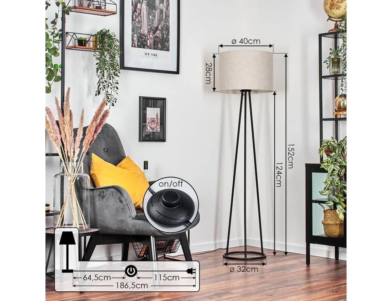 hofstein Stehlampe Schwarz/Beige Metall/Stoff mit Fußschalter - Bild 5