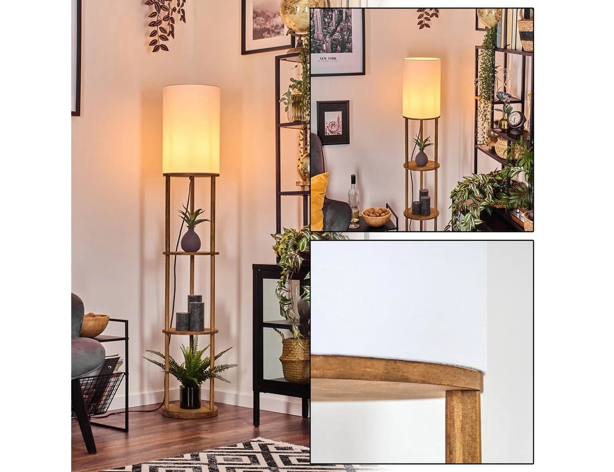 hofstein Stehlampe Holz Stoff Naturfarben Weiß E27 Fußschalter