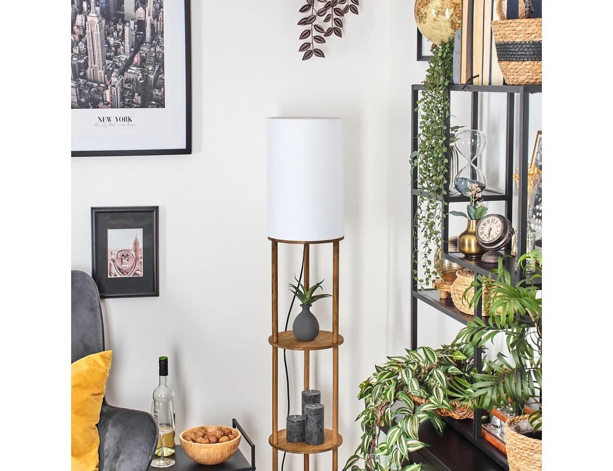hofstein Stehlampe Holz Stoff Naturfarben Weiß E27 Fußschalter - Bild 3