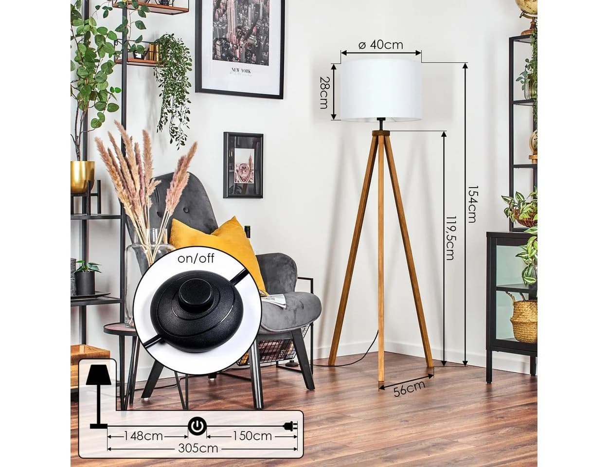 hofstein Stehlampe Holz Stoff Naturfarben Weiß 40 cm Schirm E27 - Bild 4