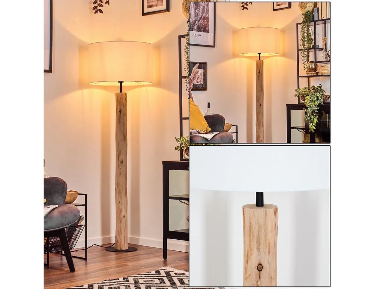 hofstein Stehlampe Holz Metall Stoff Schwarz Weiß Fußschalter E27