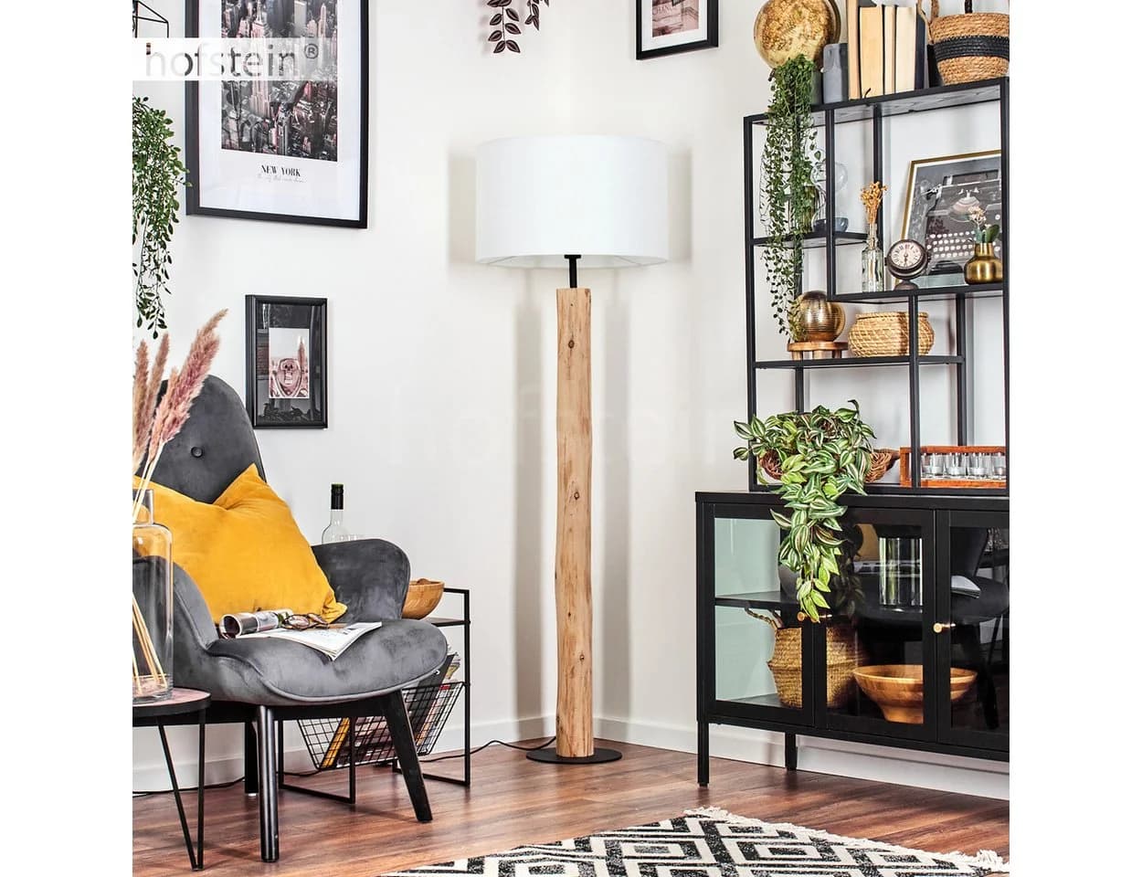 hofstein Stehlampe Holz Metall Stoff Schwarz Weiß Fußschalter E27 - Bild 3