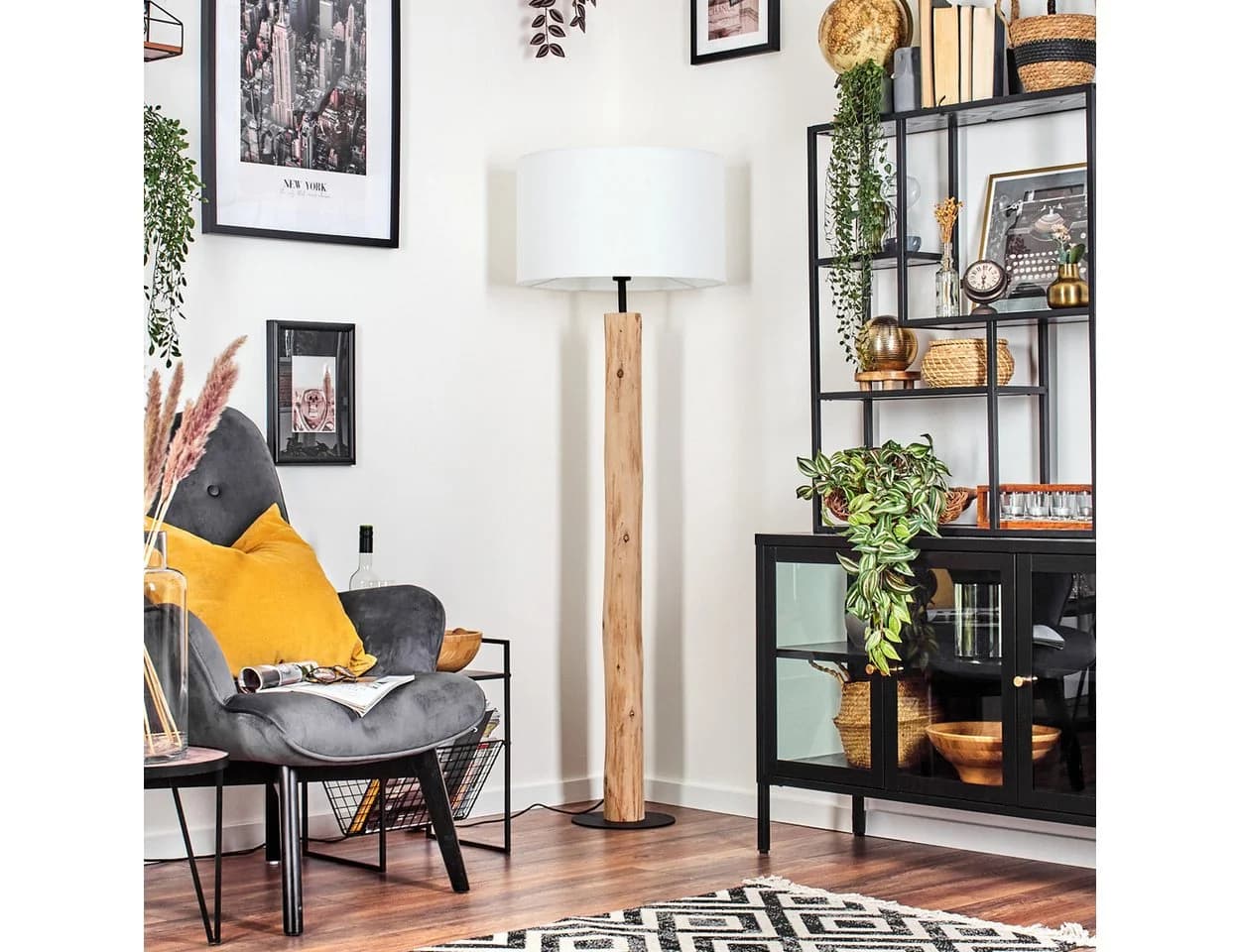hofstein Stehlampe Holz Metall Stoff Schwarz Weiß Fußschalter E27 - Bild 4