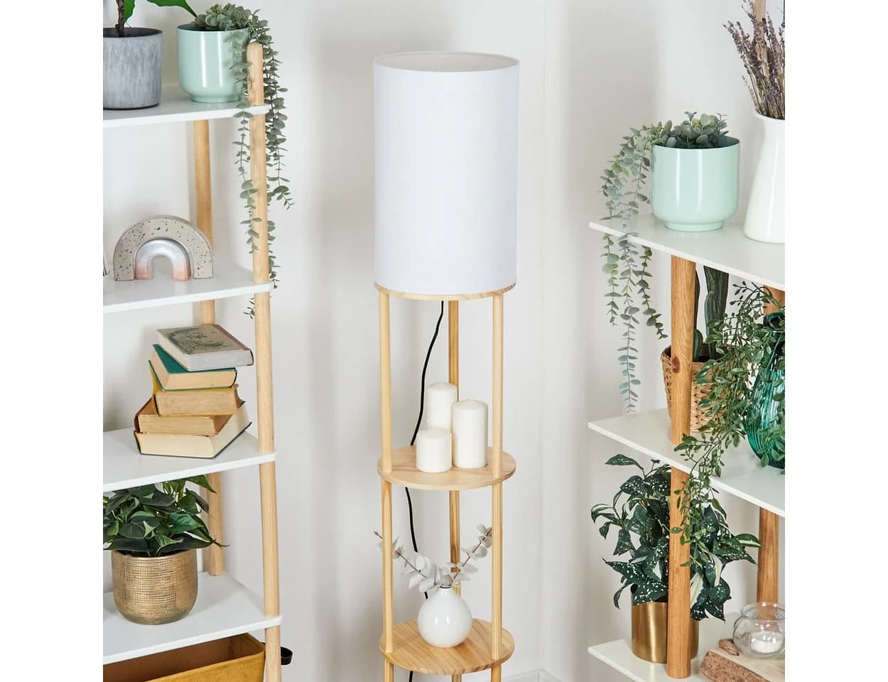 hofstein Stehlampe Holz Stoff Naturfarben Weiß E27 - Bild 3