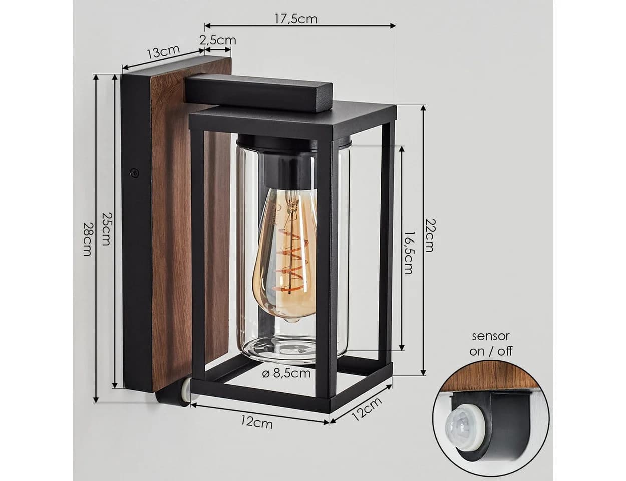 hofstein Außen-Wandleuchte mit Bewegungsmelder Metall/Glas Schwarz-Braun - Bild 5